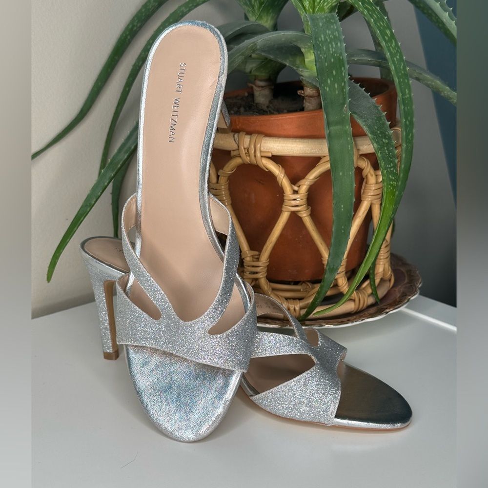 Stuart Weitzman Silver Glitter Mule Heels Size 11 | Party Wedding Shoe